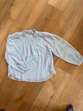 LOFT Light Blue Sheer Swiss Dot Smocked Neck Blouse